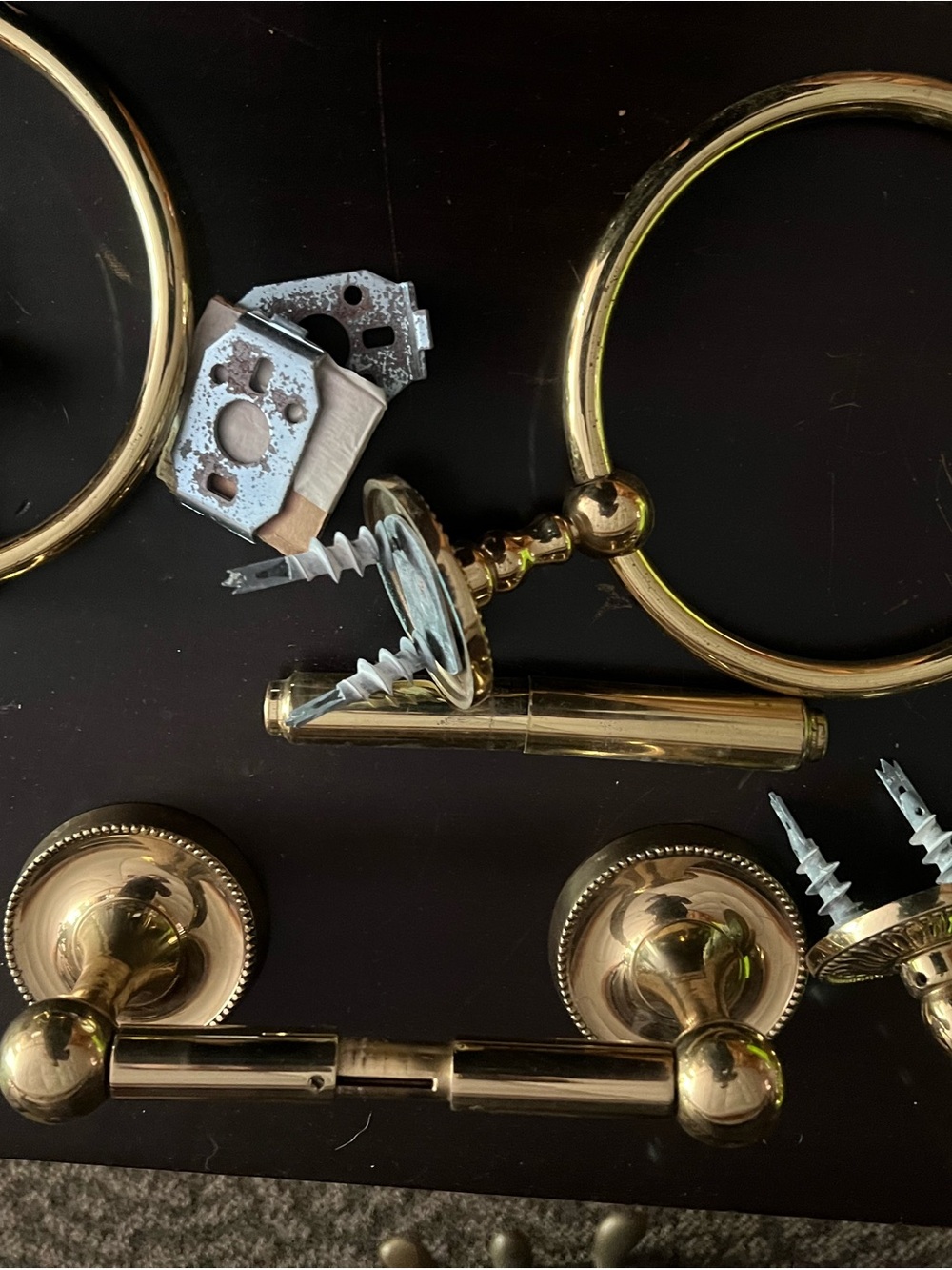 Brass Finish Towel Ring,
Toilet Paper Holder, and Hooks Bath Accessory Set
